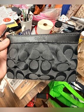 Coach Black Signature Zip Wristlet with Leather Trim